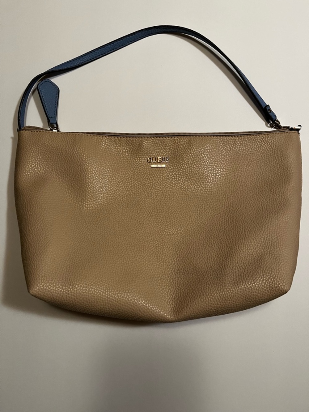 GUESS light pinkish Tan Pebbled Leather Shoulder Bag with Blue Strap